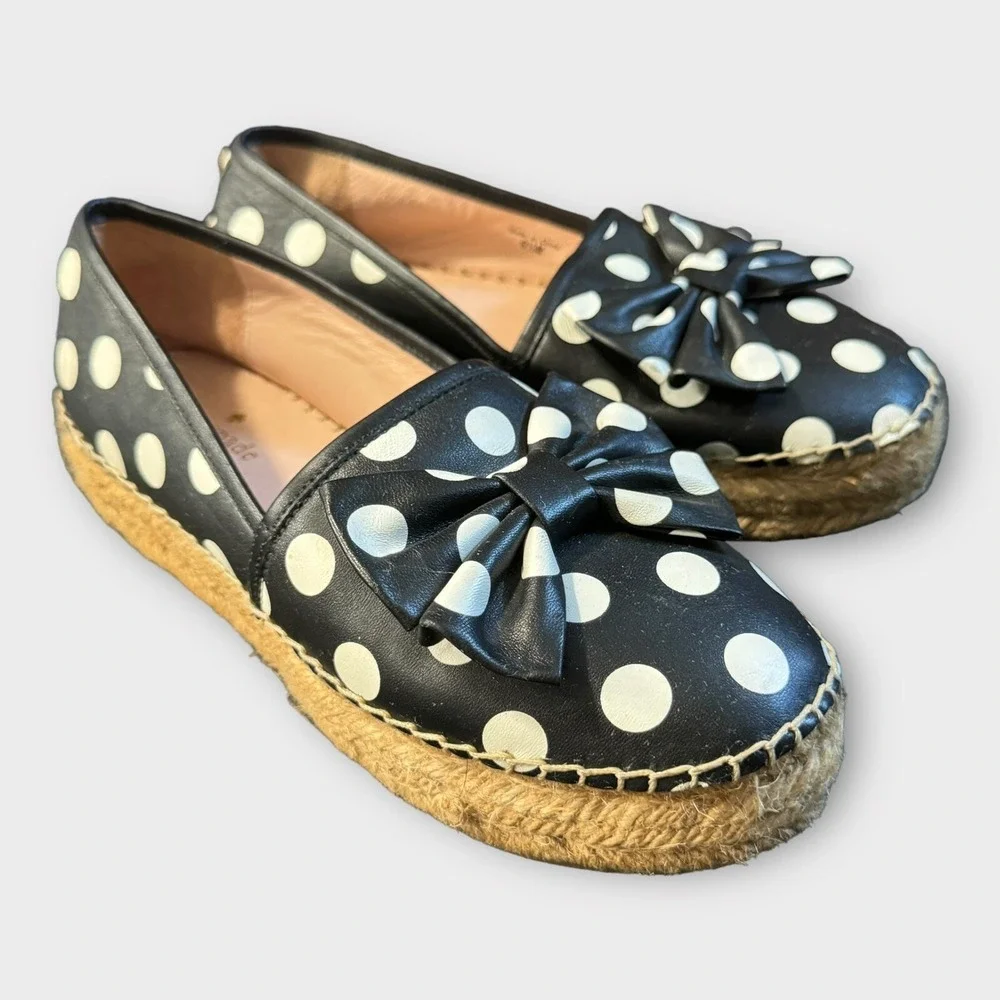 Kate Spade Espadrille Shoes Women's 5.5 Polka‎ Dot Bow Tie Leather Black Flats